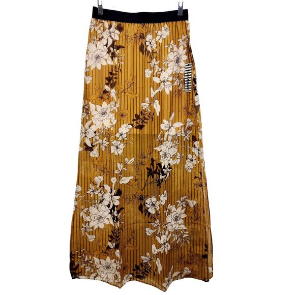Floral Print Mustard Yellow Maxi Skirt With Pleated Design By Haute Monde Size L - Picture 2 of 10
